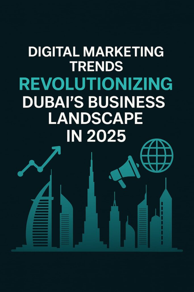 Digital marketing trends 2025 concept with Dubai skyline, growth chart, globe, and megaphone icons highlighting business transformation